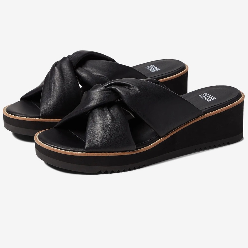 Eileen Fisher Bene Twisted Puffy Strap Black nappa Wedge Sandals Sz 11